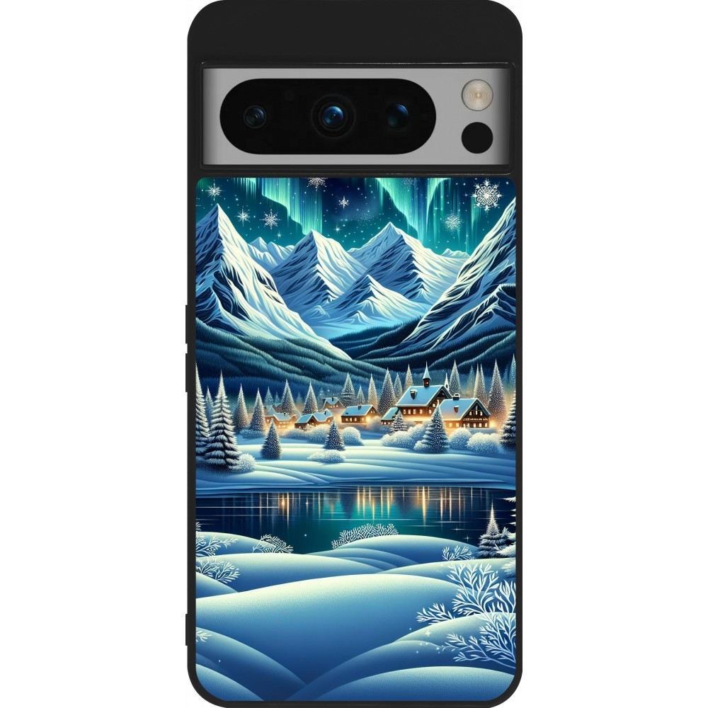 Coque Google Pixel 8 Pro - Silicone rigide noir Snowy Mountain Village Lake night