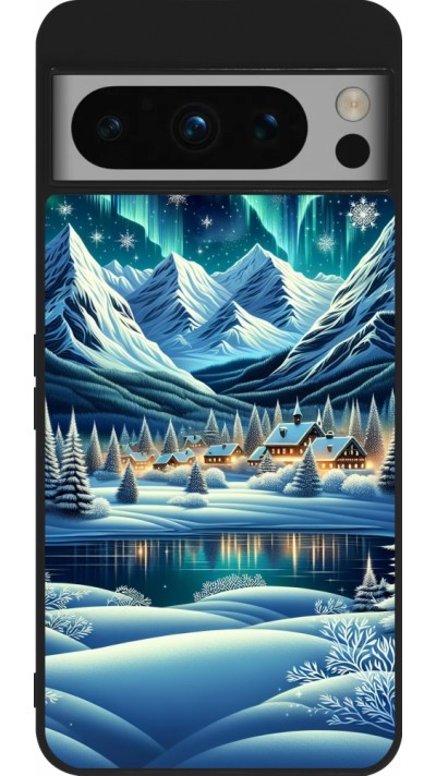 Coque Google Pixel 8 Pro - Silicone rigide noir Snowy Mountain Village Lake night