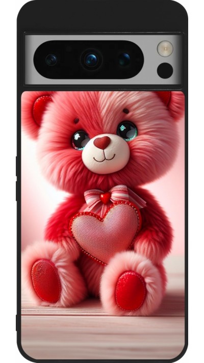 Coque Google Pixel 8 Pro - Silicone rigide noir Valentine 2024 Ourson rose