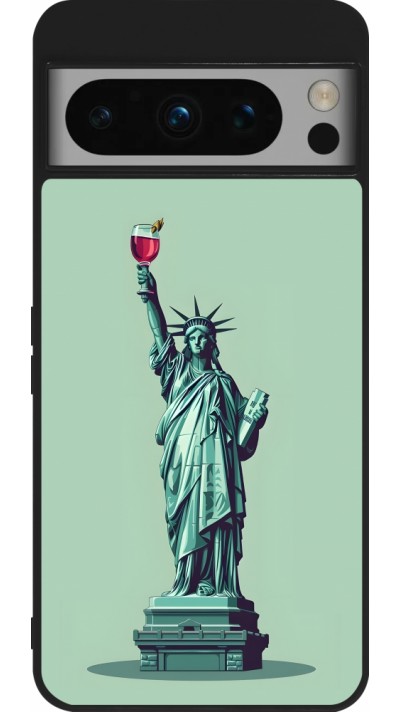 Coque Google Pixel 8 Pro - Silicone rigide noir Wine Statue de la liberté avec un verre de vin