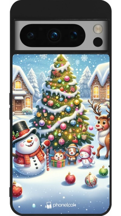 Coque Google Pixel 8 Pro - Silicone rigide noir Noël 2023 bonhomme de neige et sapin