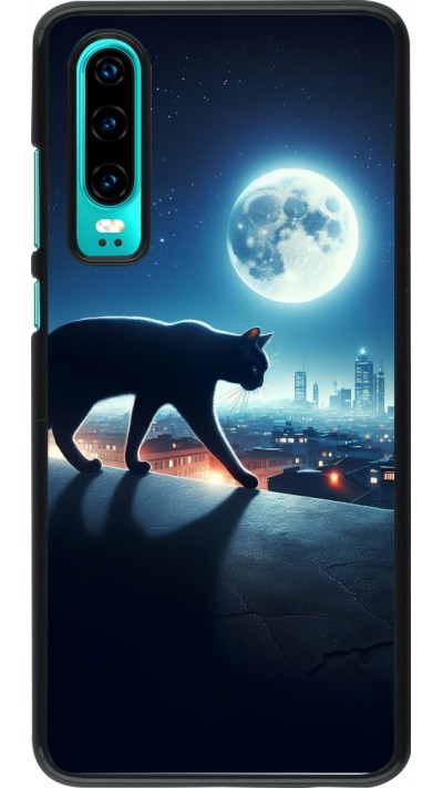 Coque Huawei P30 - Chat noir sous la pleine lune
