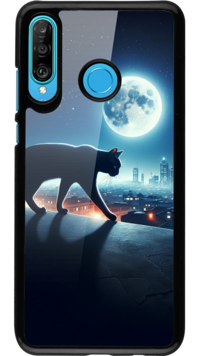 Coque Huawei P30 Lite - Chat noir sous la pleine lune