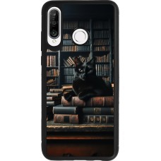Huawei P30 Lite Case Hülle - Silikon schwarz Katze Bücher dunkel