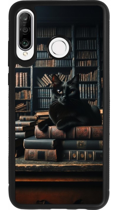 Huawei P30 Lite Case Hülle - Silikon schwarz Katze Bücher dunkel