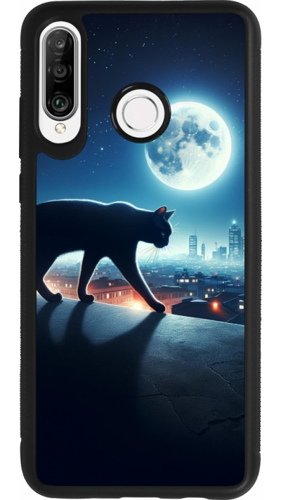 Huawei P30 Lite Case Hülle - Silikon schwarz Schwarze Katze unter dem Vollmond