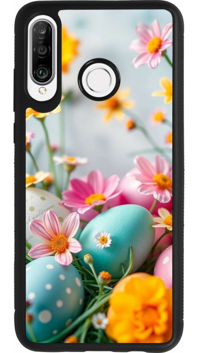 Coque Huawei P30 Lite - Silicone rigide noir Easter 2026 Eggs with flowers