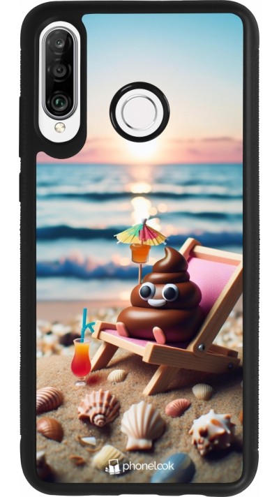 Huawei P30 Lite Case Hülle - Silikon schwarz Kackhaufen Emoji auf Liegestuhl