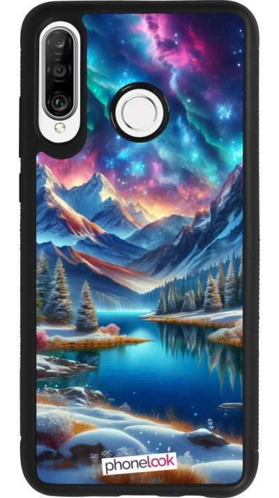 Huawei P30 Lite Case Hülle - Silikon schwarz Fantasiebergsee Himmel Sterne