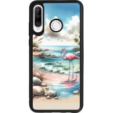 Coque Huawei P30 Lite - Silicone rigide noir Flamant rose aquarelle