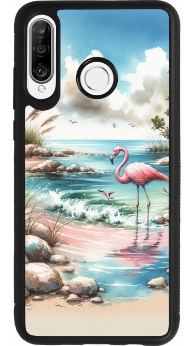 Huawei P30 Lite Case Hülle - Silikon schwarz Flamingo Aquarell
