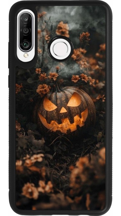 Huawei P30 Lite Case Hülle - Silikon schwarz Halloween 2025 Pumpkin with flowers