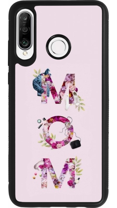 Coque Huawei P30 Lite - Silicone rigide noir Mom 2024 girly mom