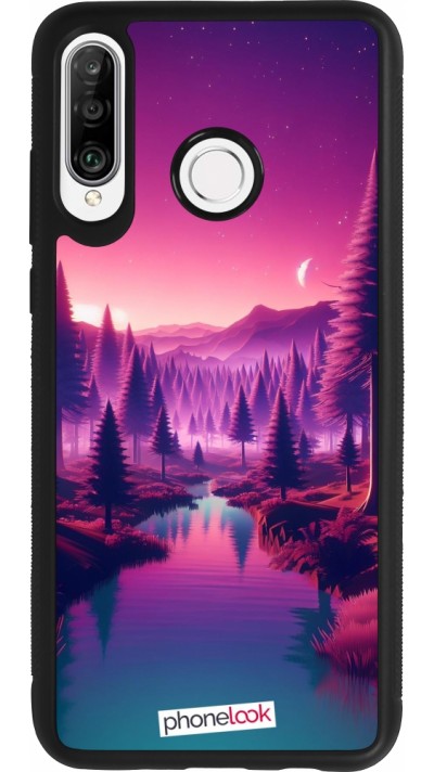Huawei P30 Lite Case Hülle - Silikon schwarz Lila-rosa Landschaft