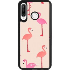 Huawei P30 Lite Case Hülle - Silikon schwarz Pink Flamingos Pattern