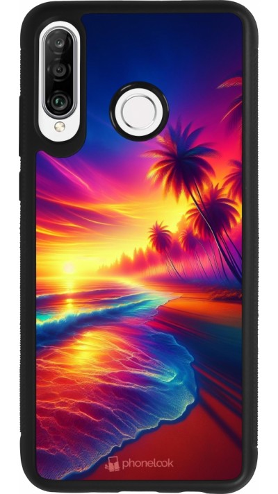 Coque Huawei P30 Lite - Silicone rigide noir Plage coucher soleil flashy