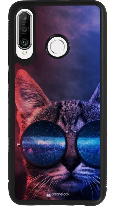 Coque Huawei P30 Lite - Silicone rigide noir Red Blue Cat Glasses