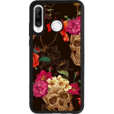 Coque Huawei P30 Lite - Silicone rigide noir Skulls and flowers