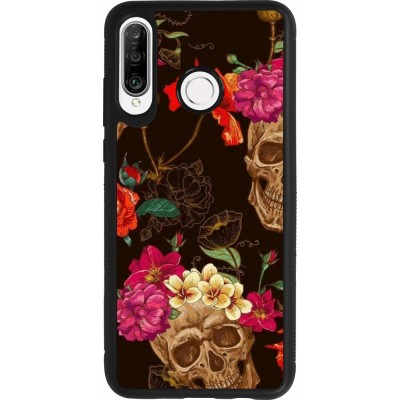 Huawei P30 Lite Case Hülle - Silikon schwarz Skulls and flowers