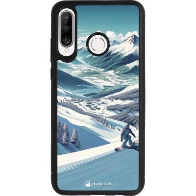 Coque Huawei P30 Lite - Silicone rigide noir Snowboarder Montagne