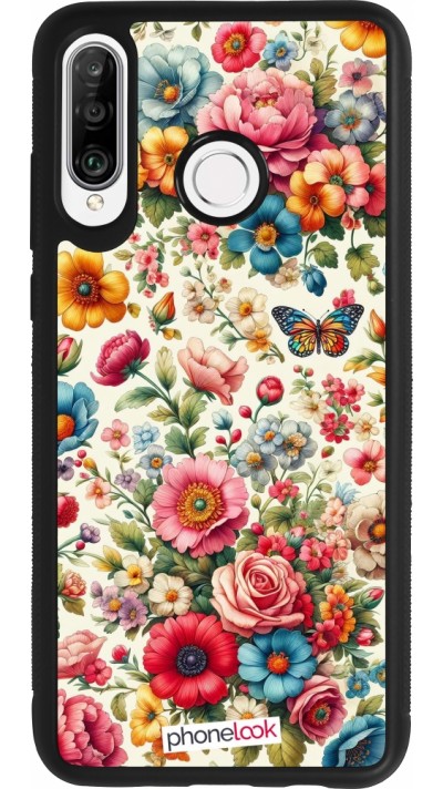 Coque Huawei P30 Lite - Silicone rigide noir Spring 25 printemps fleuri