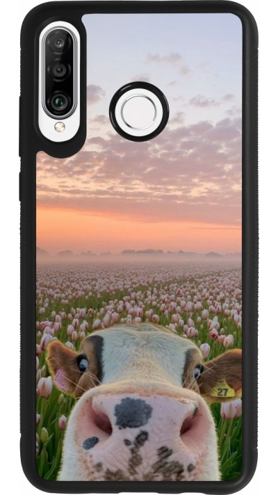 Coque Huawei P30 Lite - Silicone rigide noir Cow with tulips Spring 2026