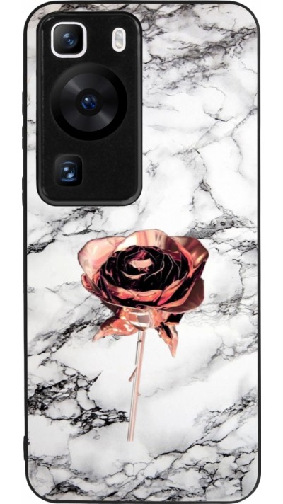 Coque Huawei P60 - Silicone rigide noir Marble Rose Gold