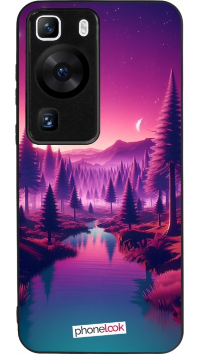 Coque Huawei P60 - Silicone rigide noir Paysage Violet-Rose