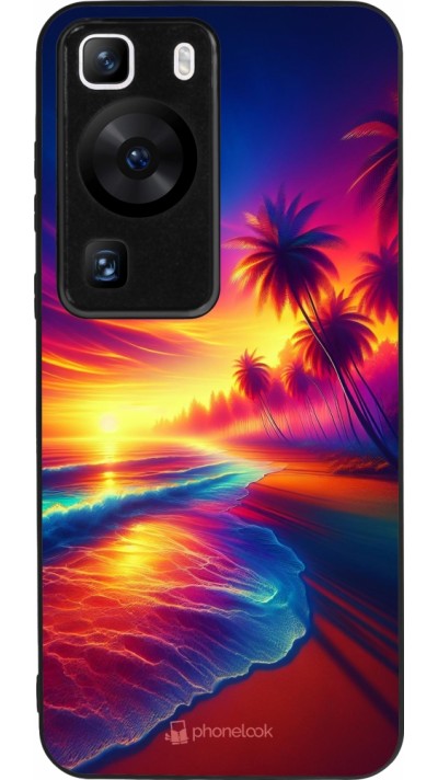 Huawei P60 Case Hülle - Silikon schwarz Strand Sonnenuntergang auffällig