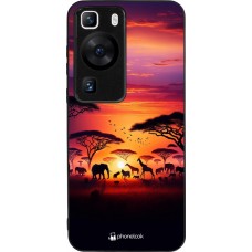 Huawei P60 Case Hülle - Silikon schwarz Safari Sonnenuntergang Wildtiere