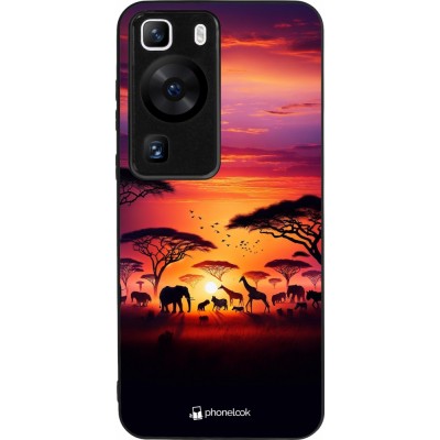 Huawei P60 Case Hülle - Silikon schwarz Safari Sonnenuntergang Wildtiere
