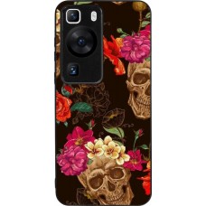 Coque Huawei P60 - Silicone rigide noir Skulls and flowers