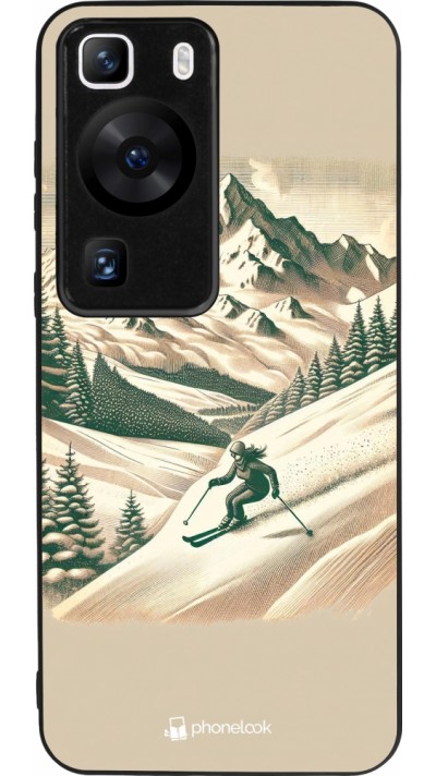 Coque Huawei P60 - Silicone rigide noir Vintage Ski Mountain