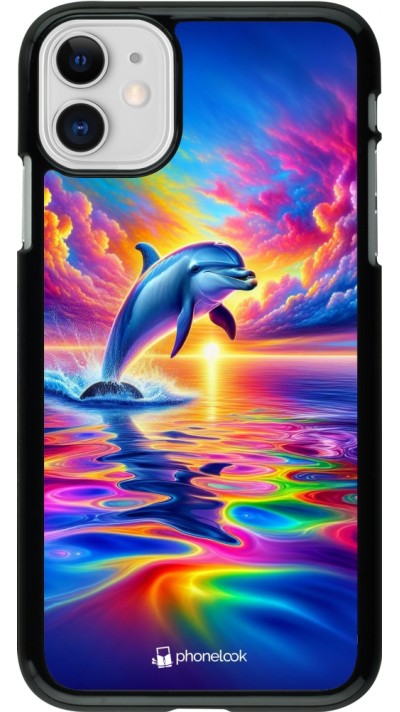 Coque iPhone 11 - Dauphin arc-en-ciel heureux