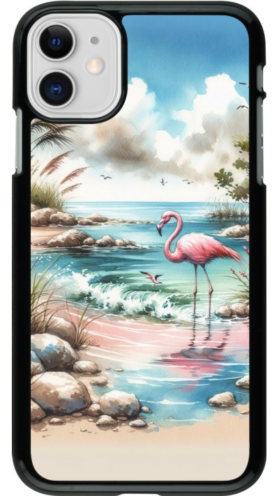 Coque iPhone 11 - Flamant rose aquarelle
