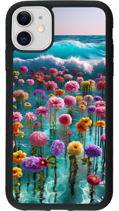 iPhone 11 Case Hülle - Silikon schwarz Blumenmeer Wellen