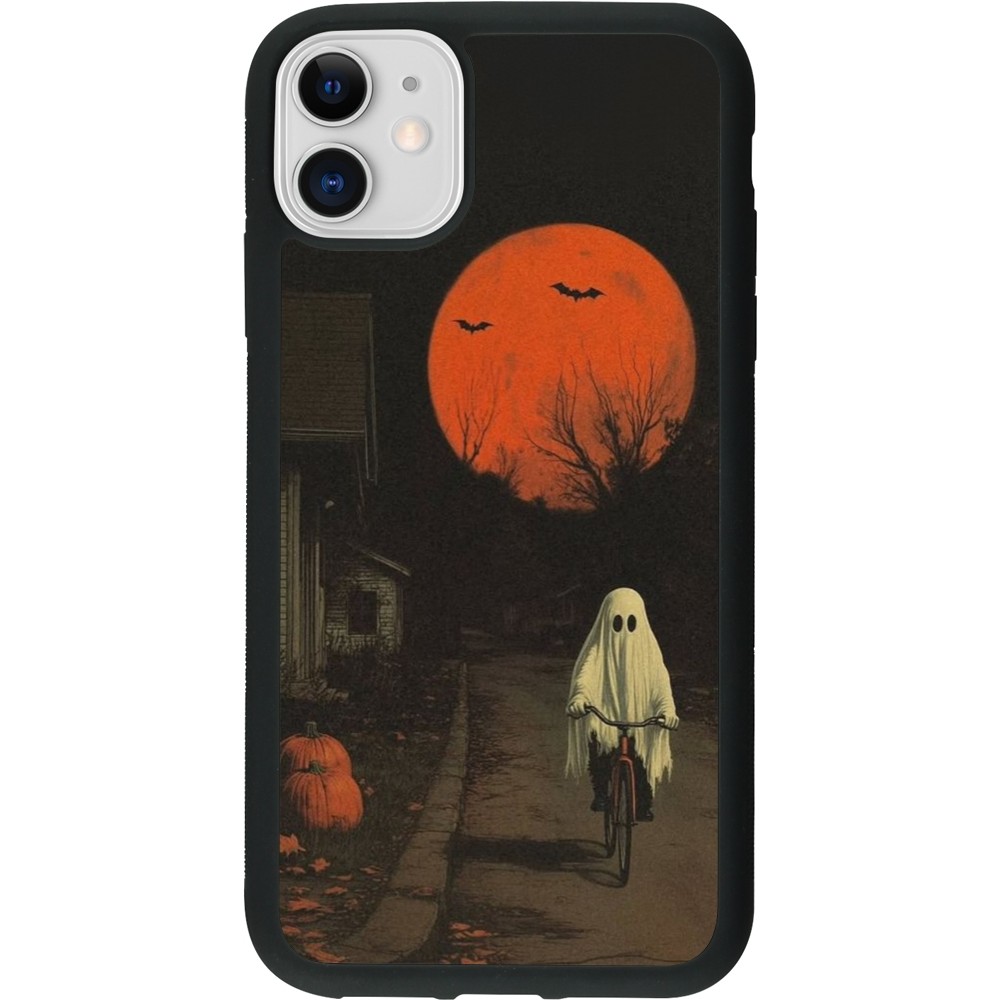 Coque iPhone 11 - Silicone rigide noir Halloween 2025 Ghost on a bicycle