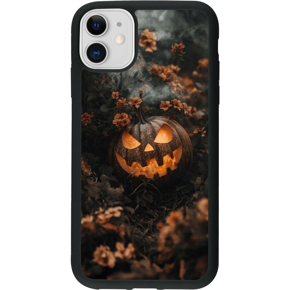 iPhone 11 Case Hülle - Silikon schwarz Halloween 2025 Pumpkin with flowers