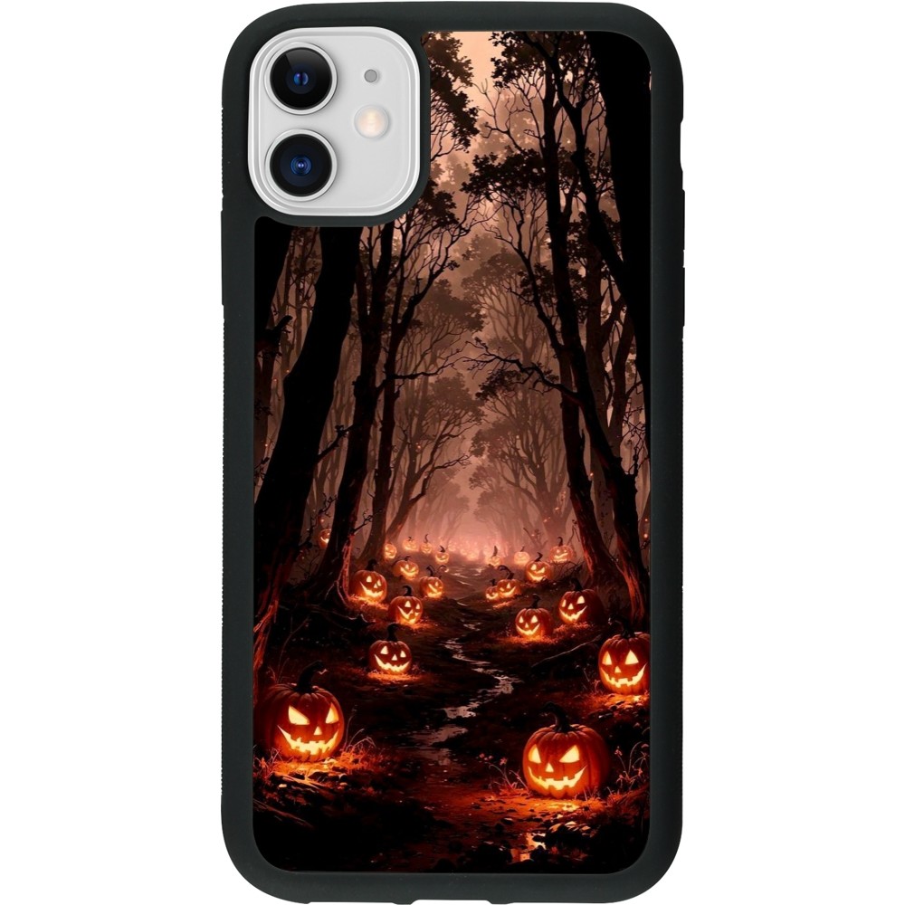 Coque iPhone 11 - Silicone rigide noir Halloween 2025 Road of Terrifying Pumpkins