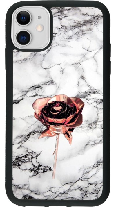 Coque iPhone 11 - Silicone rigide noir Marble Rose Gold