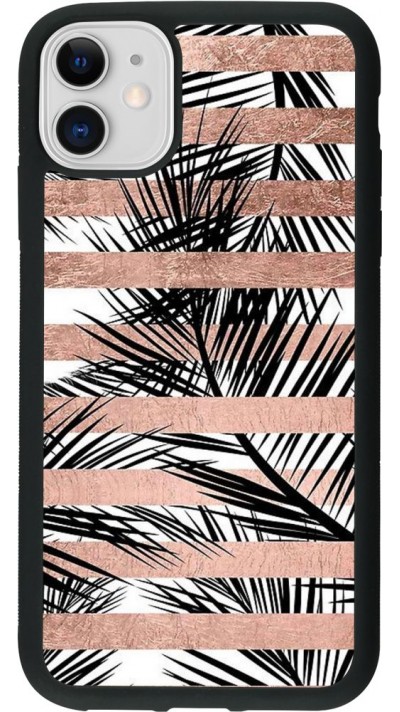 Coque iPhone 11 - Silicone rigide noir Palm trees gold stripes