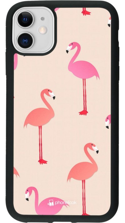 Coque iPhone 11 - Silicone rigide noir Pink Flamingos Pattern