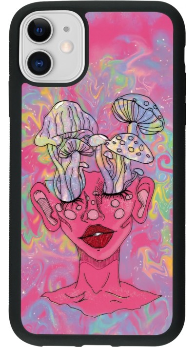 Coque iPhone 11 - Silicone rigide noir Psychedelic pink mushroom