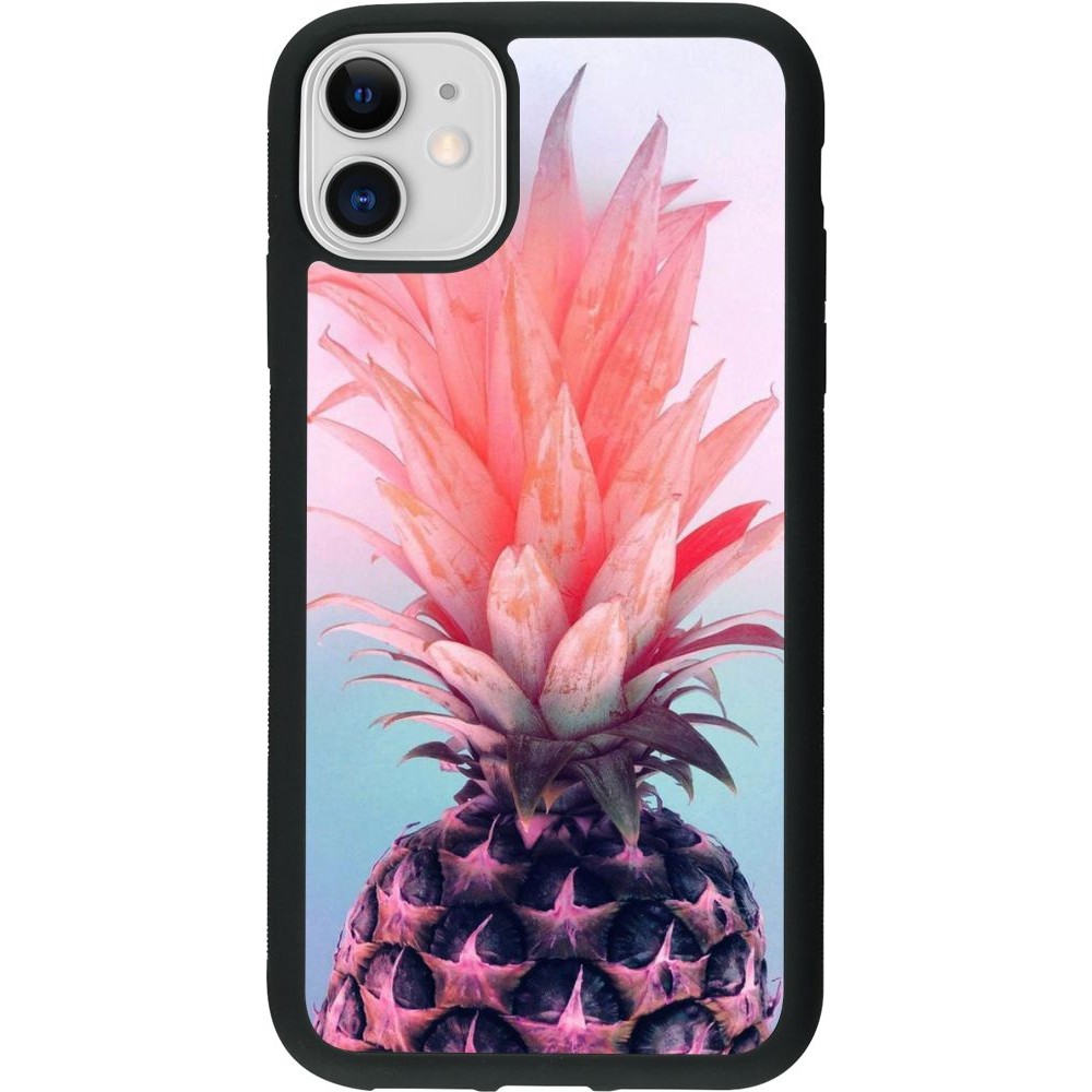 Coque iPhone 11 - Silicone rigide noir Purple Pink Pineapple