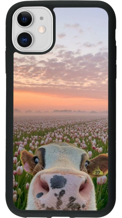 Coque iPhone 11 - Silicone rigide noir Cow with tulips 2026