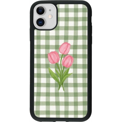 Coque iPhone 11 - Silicone rigide noir Green vichy tulips Spring 2026