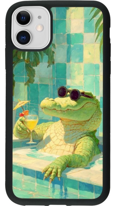Coque iPhone 11 - Silicone rigide noir Crocodile in the swimming pool Summer 2026