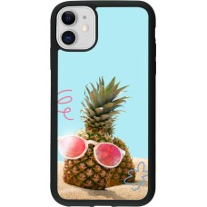 Coque iPhone 11 - Silicone rigide noir Pineapple with glasses Summer 2026