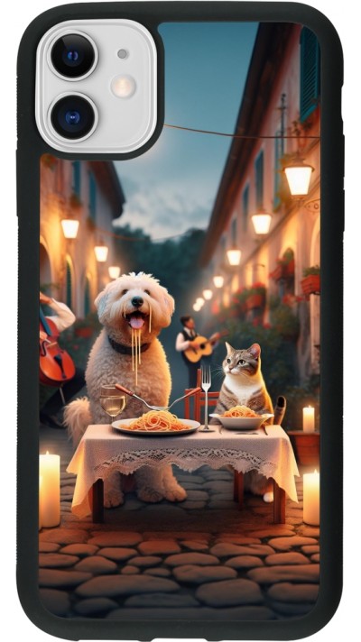 Coque iPhone 11 - Silicone rigide noir Valentine 2024 Dog & Cat Candlelight