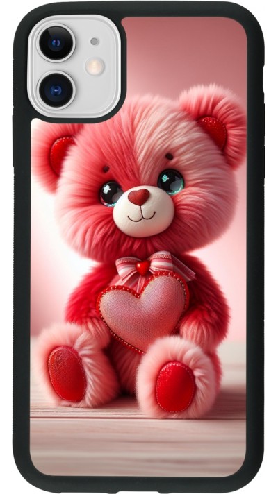 Coque iPhone 11 - Silicone rigide noir Valentine 2024 Ourson rose